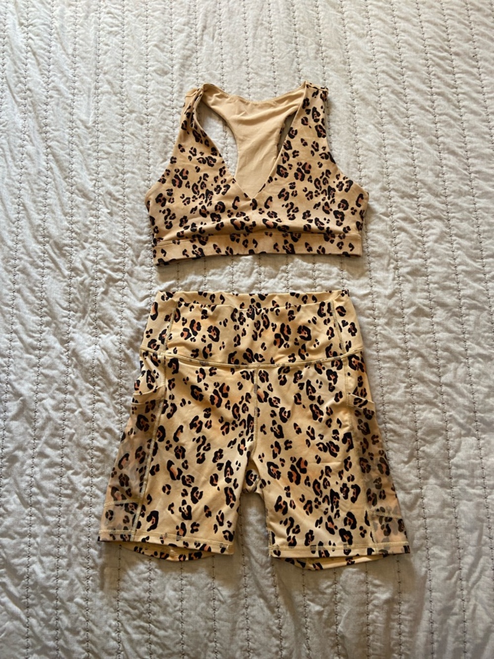 Fabletics Beige Leopard Print Sports Bra and Bike Shorts Set